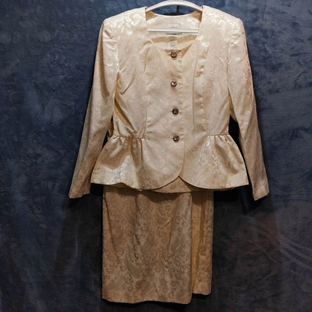 Leslie Fay Vintage Cream Jacquard Peplum Skirt Suit Set Size 12 Made in USA New